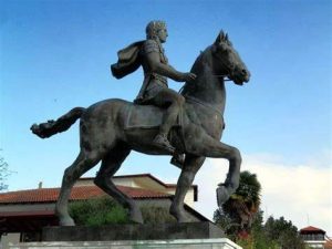 Alejandro Magno y Bucéfalo, en Pella, Grecia